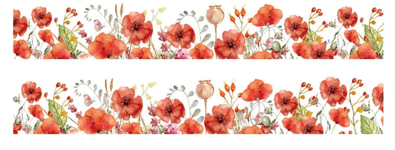 Puede incluir: Una ilustraci&oacute;n de acuarela de un patr&oacute;n repetido de amapolas rojas y follaje verde. Las flores est&aacute;n dispuestas en una fila horizontal, con los tallos y las hojas extendi&eacute;ndose desde el centro.