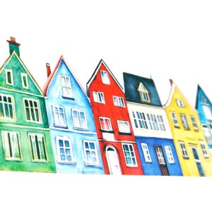 May include: Watercolor painting of a row of colorful houses. Each house features a unique color scheme, including pink, green, blue, red, yellow, and teal. The houses have white window frames and varying roof designs.
