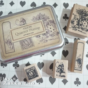 Wooden Rubber Stamp Tin Box Set - Alice in Wonderland - Alice 04 - 4 Pcs