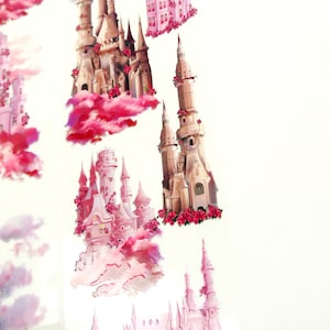 May include: A set of pink and brown castle stickers with pink clouds. The castles are detailed with windows and towers. The stickers are perfect for adding a whimsical touch to any project.