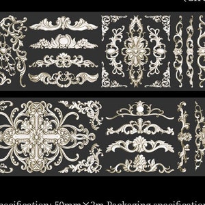 May include: A set of 20 ornate, white, decorative, floral, scrollwork, and cross-shaped designs on a black background. These designs can be used for scrapbooking, card making, or other craft projects.