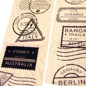 May include: A collection of vintage-style postage stamps with black ink on a beige paper background. The stamps feature city names and dates, including London, Istanbul, Bangkok, Sydney, and Berlin.
