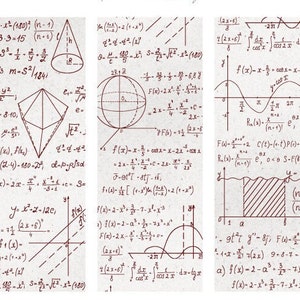 May include: Three vertical panels filled with handwritten mathematical equations and formulas in black ink on a cream-colored background. Diagrams include geometric shapes, graphs, and trigonometric functions. The image evokes a sense of academic study.