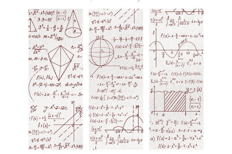 May include: Three vertical panels filled with handwritten mathematical equations and formulas in black ink on a cream-colored background. Diagrams include geometric shapes, graphs, and trigonometric functions. The image evokes a sense of academic study.