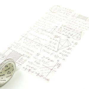 May include: A roll of decorative washi tape featuring mathematical equations and diagrams in black ink on a translucent white background. The tape is partially unrolled, revealing the repeating pattern. The words "CARD LOVER" are visible on the tape.