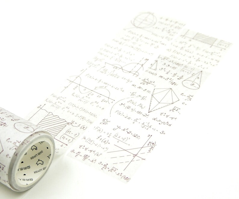 May include: A roll of decorative washi tape featuring mathematical equations and diagrams in black ink on a translucent white background. The tape is partially unrolled, revealing the repeating pattern. The words "CARD LOVER" are visible on the tape.