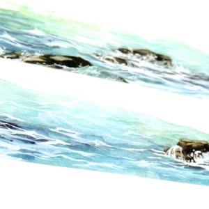 May include: A watercolor painting of a seascape with blue and green water and dark brown rocks. The water is choppy and the rocks are partially submerged.