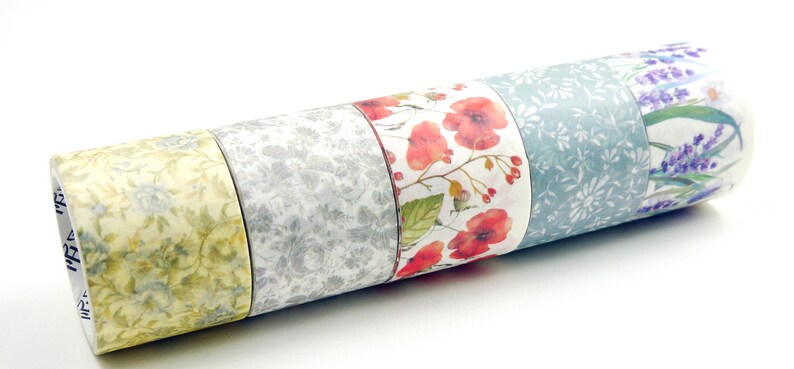 Puede incluir: Un conjunto de seis rollos de cinta washi decorativa con motivos florales. Las cintas son de varios colores, incluyendo verde, amarillo, rojo, azul y blanco. Los motivos incluyen flores, hojas y enredaderas.
