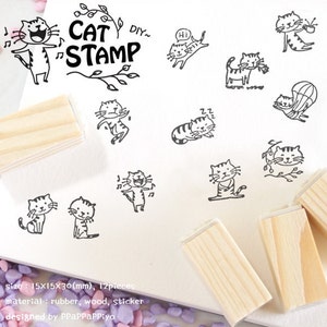Wooden Rubber Stamp Set - DIY Cat Pattern Stamps - 12 Pcs