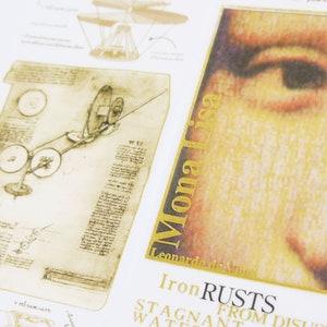 May include: Close-up of two art prints. One features a sepia-toned sketch of a Leonardo da Vinci invention, with handwritten notes. The other print displays a portion of the Mona Lisa painting with gold lettering. The text "Iron RUSTS" is visible.