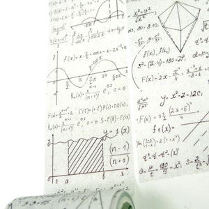 May include: A roll of washi tape featuring handwritten mathematical equations and diagrams in black ink on a cream-colored background. The tape displays graphs, formulas, and geometric shapes, ideal for stationery and crafting projects.