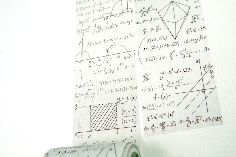 May include: A roll of washi tape featuring handwritten mathematical equations and diagrams in black ink on a cream-colored background. The tape displays graphs, formulas, and geometric shapes, ideal for stationery and crafting projects.