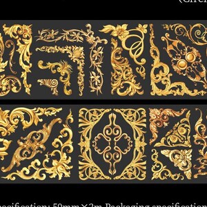 May include: A set of 24 gold-coloured decorative corner and border pieces with intricate floral designs. These ornate pieces are perfect for adding a touch of elegance to any project.