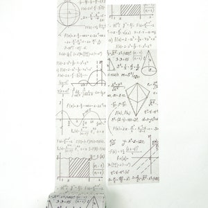 May include: Washi tape featuring mathematical equations and diagrams in black ink on a white background. The tape is partially rolled, revealing the repeating pattern of formulas and graphs. Ideal for scrapbooking and crafting.