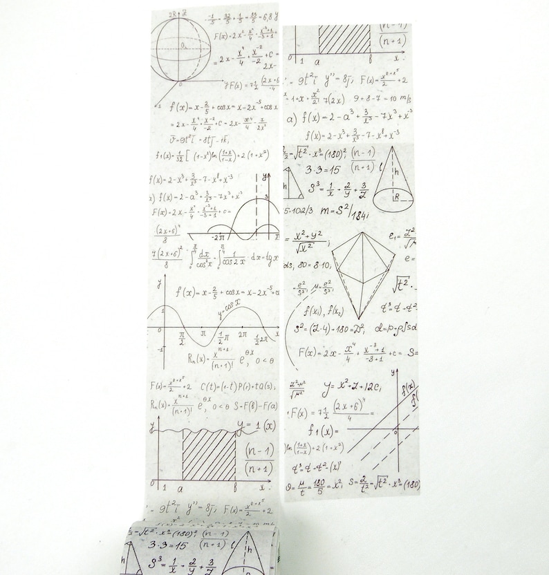May include: Washi tape featuring mathematical equations and diagrams in black ink on a white background. The tape is partially rolled, revealing the repeating pattern of formulas and graphs. Ideal for scrapbooking and crafting.