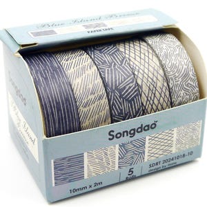 May include: A box set of decorative paper tape rolls. The rolls display patterns in navy blue and off-white. The box is light blue and has the text "Blue Island Breeze" and "Songdao". Each roll is 10mm x 2m.