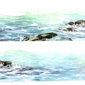 May include: A watercolor painting of a seascape with blue water and dark gray rocks. The water is choppy and there are whitecaps on the waves. The rocks are scattered throughout the water.