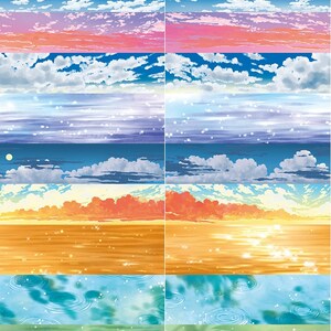 May include: A digital collage of different sky and water backgrounds. The top row shows a blue sky with white clouds, a pink and orange sunset, and a blue sky with white clouds. The second row shows a blue sky with white clouds, a blue sky with white clouds and a light blue sky with white clouds. The third row shows a blue sky with white clouds, a sunset with orange and red clouds, and a sunset with orange and red clouds. The fourth row shows a golden water surface with ripples, a blue water surface with ripples, and a green water surface with ripples.