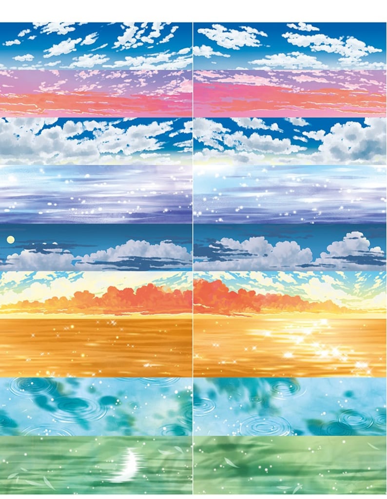 May include: A digital collage of different sky and water backgrounds. The top row shows a blue sky with white clouds, a pink and orange sunset, and a blue sky with white clouds. The second row shows a blue sky with white clouds, a blue sky with white clouds and a light blue sky with white clouds. The third row shows a blue sky with white clouds, a sunset with orange and red clouds, and a sunset with orange and red clouds. The fourth row shows a golden water surface with ripples, a blue water surface with ripples, and a green water surface with ripples.