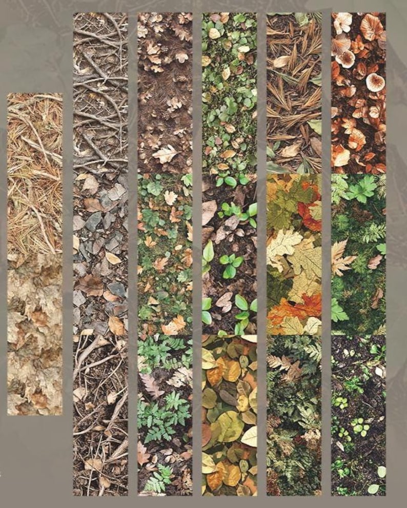 Peut inclure: Un collage de panneaux verticaux pr&eacute;sentant diverses textures naturelles. Les panneaux affichent des gros plans de sols forestiers, notamment des aiguilles de pin, des brindilles, des feuilles et des champignons dans des tons de brun, de vert et d'orange.