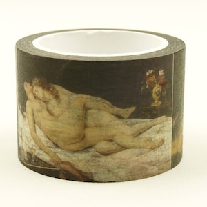 May include: A roll of decorative adhesive tape featuring a printed reproduction of a classical painting depicting two figures reclining together on a white cloth. The artwork includes a dark background and a small vase of flowers on a table.