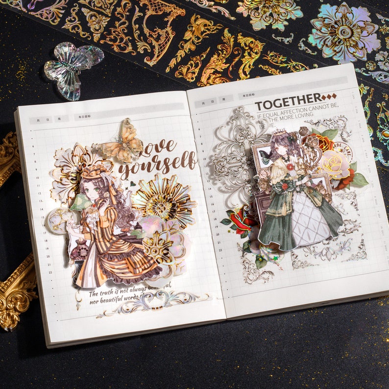May include: A notebook with decorative stickers featuring a girl in a dress, flowers, and the words "Love yourself" and "Together... If equal affection cannot be, be the more loving".