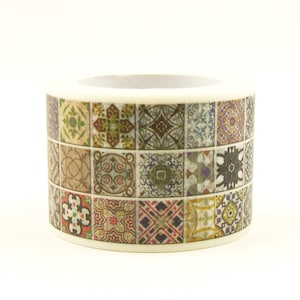 May include: A roll of decorative washi tape featuring a repeating pattern of colorful, vintage-style tile designs. The tape has a cream-colored base and the tile patterns include shades of green, brown, red, and blue.