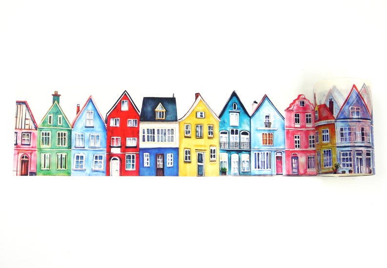 May include: A watercolor painting of a row of colorful houses. The houses are painted in various colors, including red, blue, yellow, and green. Each house has unique architectural details, such as windows, doors, and gabled roofs. The artwork is set against a white background.