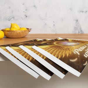 May include: Several decorative table runners featuring a golden, radiant design and the words "Peace is within". The runners have white edges and are on a wooden surface. A basket of lemons is in the background.