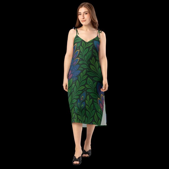knee length dresses for ladies Leaf Print Tie Strap Midi Dress In Olive Multi – Infinity Raine main image 1