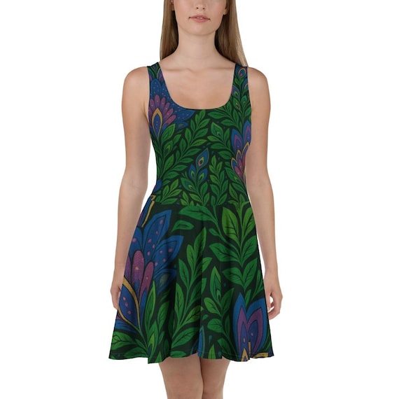 Green Leaf Skater Dress Nature Inspired All Over Print Summer Dress