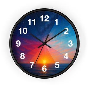May include: A round wall clock with a black frame. The clock face features a colorful gradient of a sunrise over the ocean, with the numbers 1 through 12 in white. The clock hands are black.