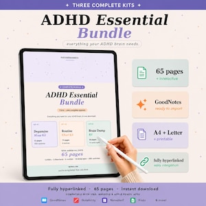 Pode incluir: Um pacote digital essencial para TDAH exibido em um tablet, com três kits completos. O pacote inclui 65 páginas, é totalmente hiperlinkado e compatível com aplicativos para iPad e Android. O texto na imagem diz "ADHD Essential Bundle".
