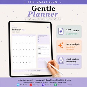 Puede incluir: Planificador digital con el texto "Gentle Planner" y "Enero 2026" en una tableta. Incluye 167 páginas, un sistema de 2 años y navegación con hipervínculos. Compatible con GoodNotes, Notability y más.