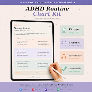 Puede incluir: Kit de gráficos de rutina para TDAH que se muestra en una tableta, con una mano que sostiene un lápiz óptico. El kit incluye 15 páginas, 6 rutinas, navegación por diagrama de flujo y es personalizable. El texto en la tableta dice "Rutina matutina" y "estructura que se adapta a ti".