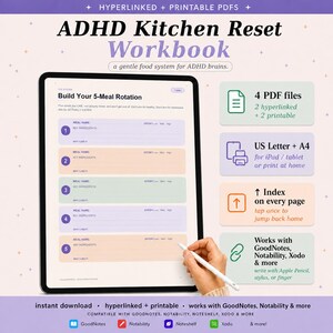 Puede incluir: Un cuaderno de trabajo digital ADHD Kitchen Reset en una tableta, con un lápiz óptico. El cuaderno de trabajo incluye un plan de rotación de 5 comidas, un índice y es compatible con GoodNotes, Notability y Xodo. La imagen también muestra 4 archivos PDF, formatos US Letter y A4.