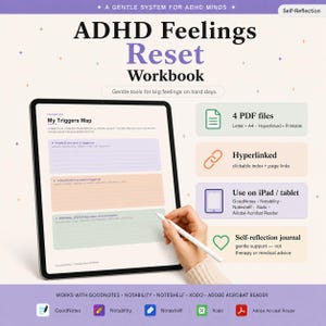May include: A digital workbook titled "ADHD Feelings Reset Workbook" displayed on a tablet. The workbook includes sections for self-reflection and trigger mapping. Features include 4 PDF files, hyperlinked content, and compatibility with iPad/tablet apps. The image also shows the apps GoodNotes, Notability, Noteshelf, Xodo, and Adobe Acrobat Reader.