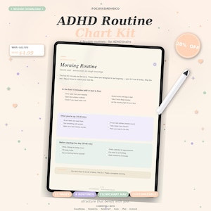 Puede incluir: Kit de gráficos de rutina ADHD para descargar. La imagen muestra una tableta que muestra un gráfico de rutina matutina con secciones para los primeros 10 minutos, 15-30 minutos y 30-60 minutos. También se ve un lápiz óptico y una pegatina con un 28% de descuento.