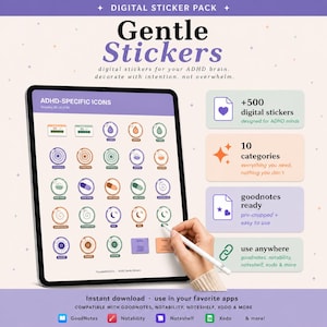 Puede incluir: Un paquete de pegatinas digitales llamado "Gentle Stickers" para cerebros con TDAH. La imagen muestra una tableta que muestra iconos específicos del TDAH, con información sobre las pegatinas, incluyendo el número y categorías, y compatibilidad de aplicaciones.