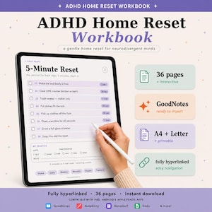 Puede incluir: Cuaderno digital de reinicio de ADHD Home con una guía de reinicio de 5 minutos. El cuaderno incluye 36 páginas interactivas, es compatible con GoodNotes y ofrece opciones imprimibles A4 y Letter. Cuenta con navegación totalmente hipervinculada.
