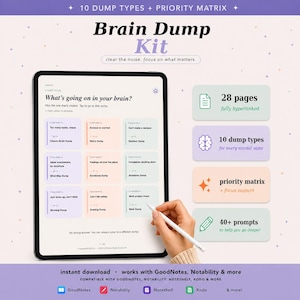 Op de afbeelding: Een digitale Brain Dump Kit op een tablet, met de titel "Brain Dump Kit" en de slogan "clear the noise. focus on what matters." De kit bevat 28 pagina's, 10 dumptypes, een prioriteitenmatrix en 40+ prompts. Compatibel met GoodNotes, Notability, Noteshelf, Xodo & meer.