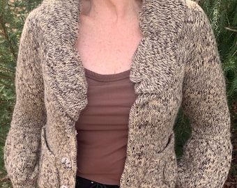 Vintage BCBG Max Azria 1980s Fitted Wool-Mohair Cardigan | Tulip Sleeves & Decorative Buttons | Women’s L