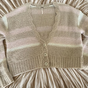 Vintage Free People Chunky Alpaca Wool Blend Cardigan, Pink & Beige Stripes, Women’s Small, Button Front Sweater image 1
