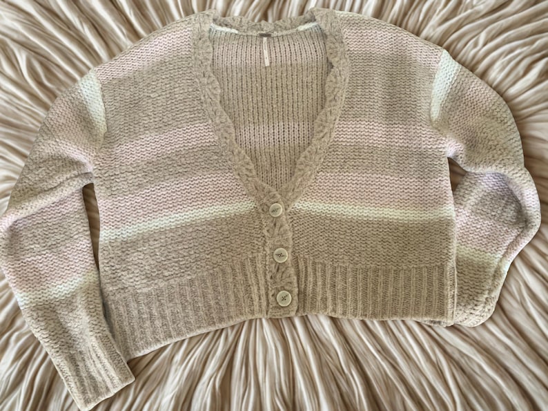 Vintage Free People Chunky Alpaca Wool Blend Cardigan, Pink & Beige Stripes, Women’s Small, Button Front Sweater image 1