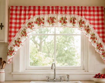 Vintage Strawberry Curtains Red Gingham Farmhouse Kitchen Curtains by JCPenney, Several Pairs available