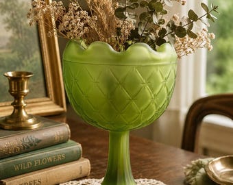 Vintage Avocado Green Quilted Glass Vase | Frosted Mid Century Textured Bud Vase | 9" Tall