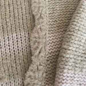 May include: Close-up of a beige knitted fabric with varying textures. The image shows a combination of ribbed and cable knit patterns, with a fluffy, textured border. The color palette is neutral, with shades of beige and off-white, creating a cozy, tactile feel.
