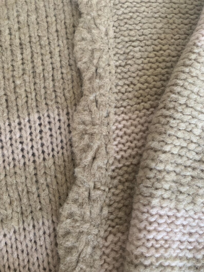 May include: Close-up of a beige knitted fabric with varying textures. The image shows a combination of ribbed and cable knit patterns, with a fluffy, textured border. The color palette is neutral, with shades of beige and off-white, creating a cozy, tactile feel.