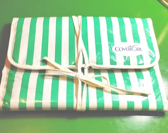 vintage CoverGirl green and white striped PVC hanging travel makeup or jewelry bag