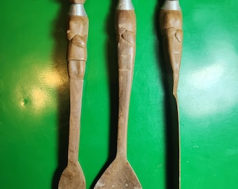 Vintage Teak Carved Wood Salad Serving Set: African Tribal Utensils